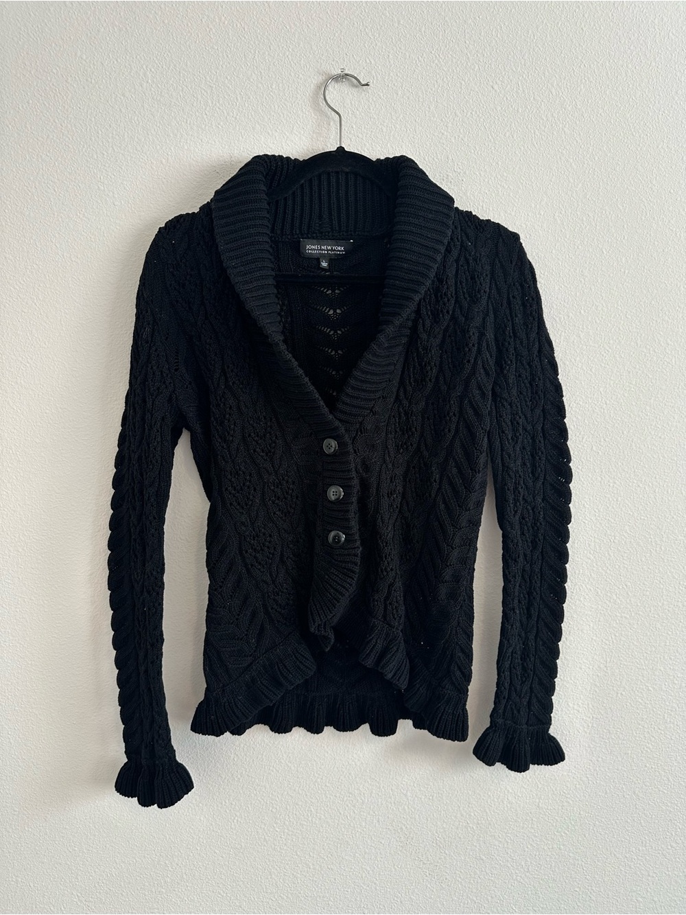 Jones New York Black Silk Blend Cable-Knit Ruffle Trim Cardigan L
